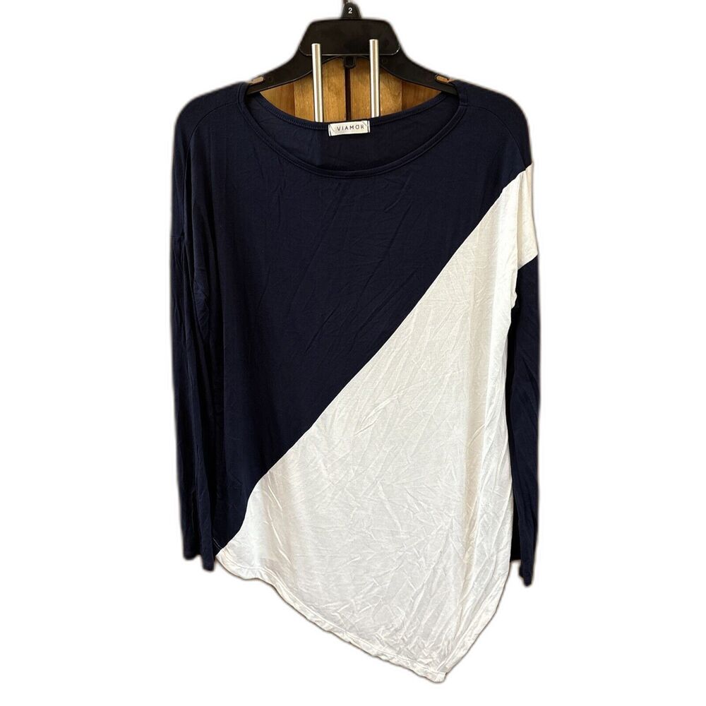 Viamor Women L Navy Blue Ivory Colorblock Knit Pullover Top Long Sleeve USA